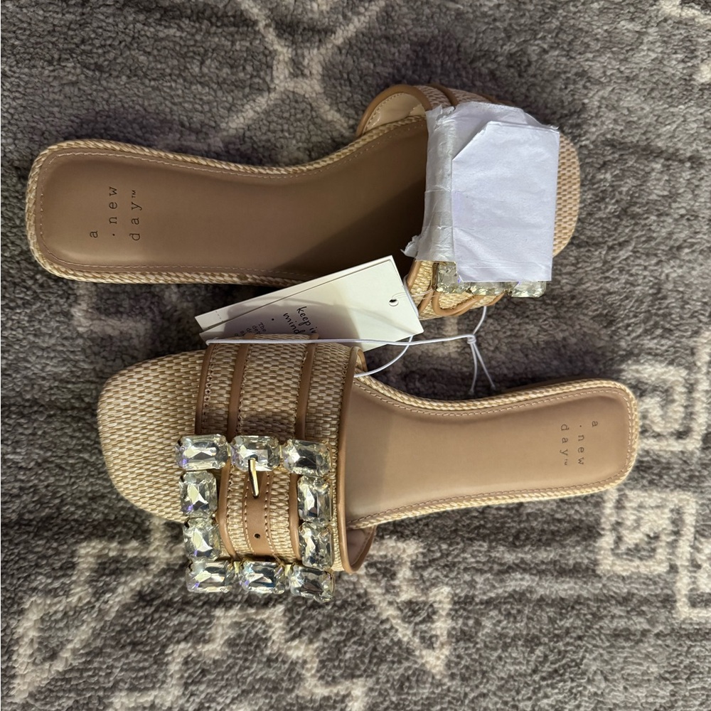 A New Day Tan Slide Sandals with Metallic Accents